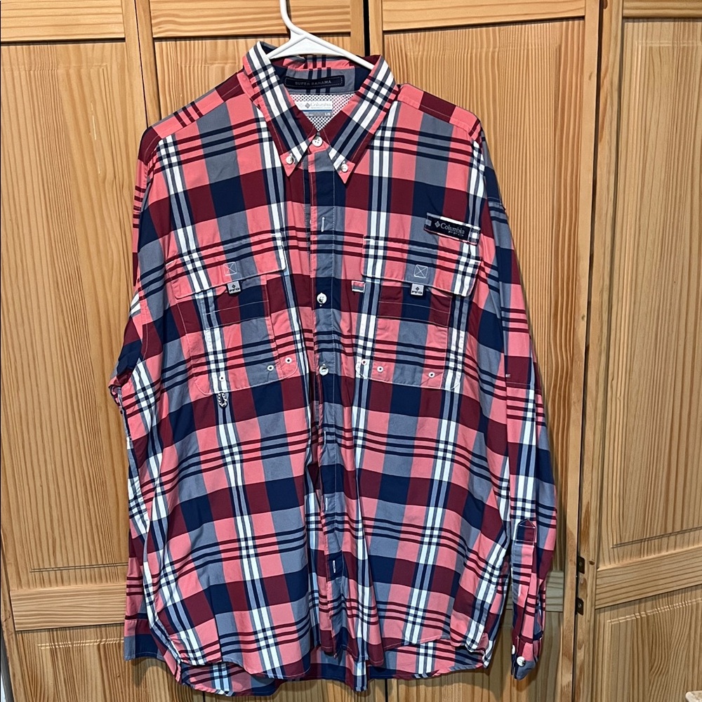 PFG Columbia Men's Red and Blue Plaid Button-Down Shirt